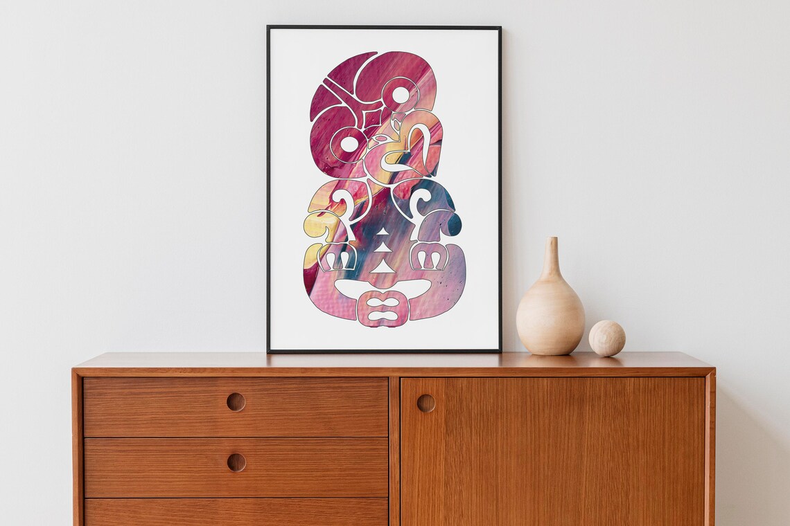Pink Watercolor Maori Tiki Style Tribal Totem Figure Art Poster - Image 3