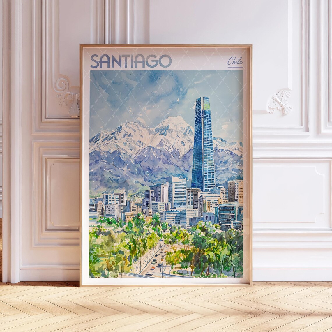 Santiago Chile Watercolor Cityscape Poster Print