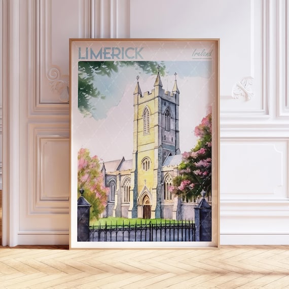 Limerick Ireland Cathedral Tower Vintage Travel Watercolor Poster