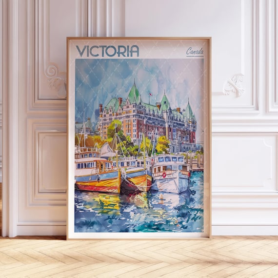 Historic Victoria Canada Harbor Boats Hotel Watercolor Poster