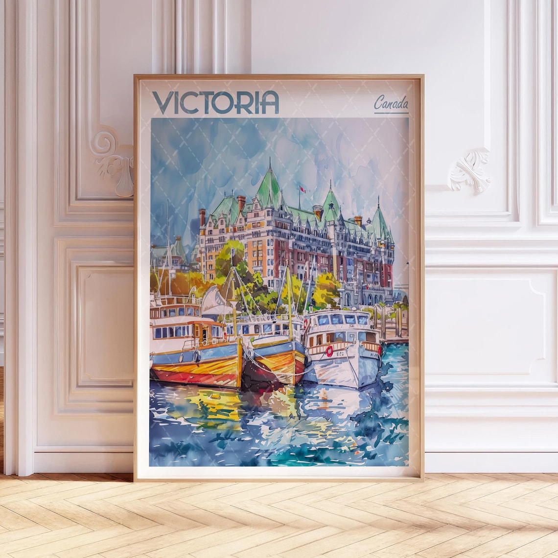 Historic Victoria Canada Harbor Boats Hotel Watercolor Poster
