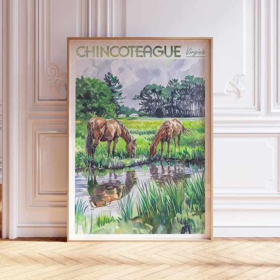 Chincoteague Virginia Wild Ponies Watercolor Vintage Travel Poster