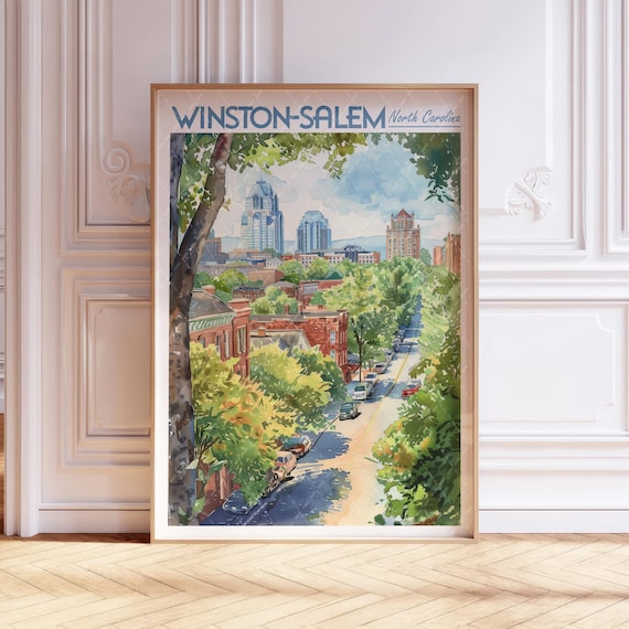 Winston Salem North Carolina City Street Watercolor Travel Poster