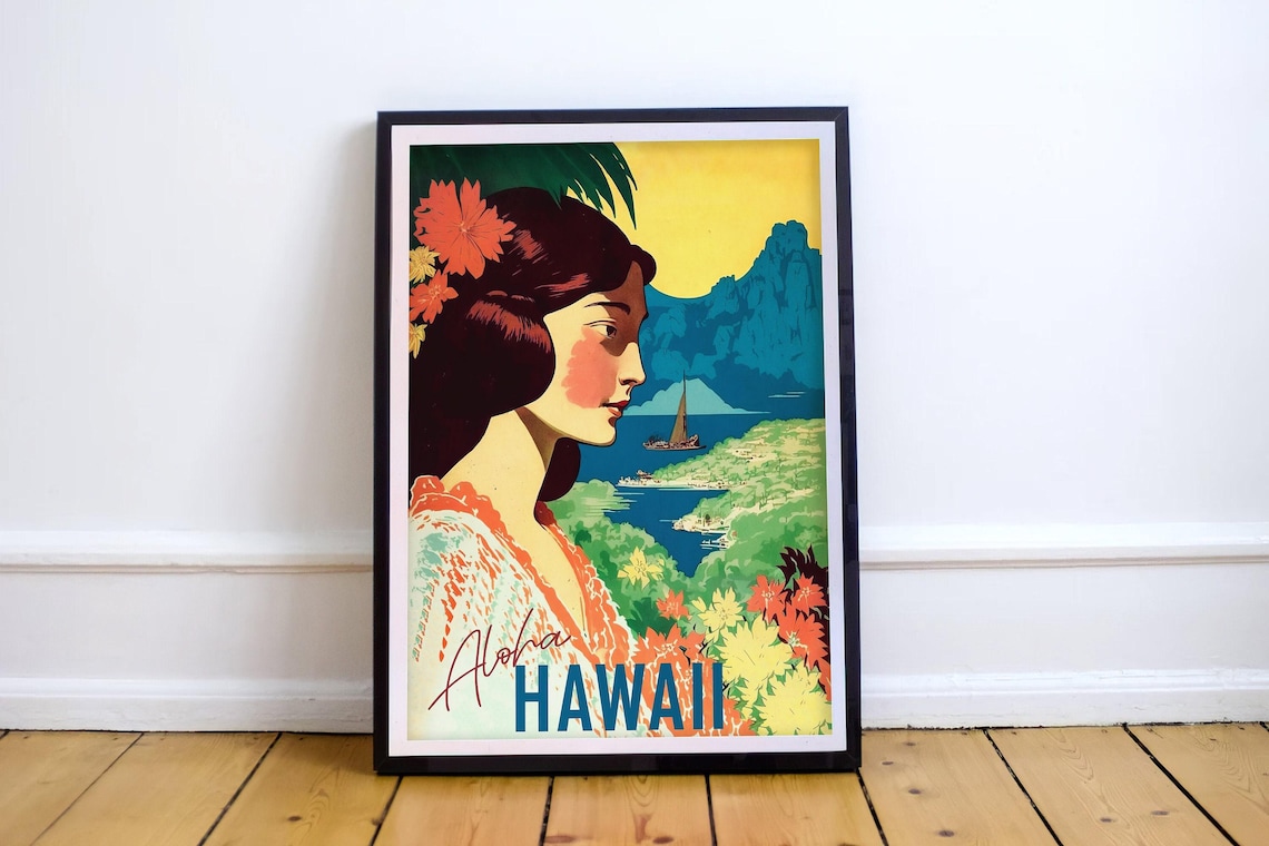 Aloha Hawaii Retro Vintage Travel Poster Island Woman Tropical Art