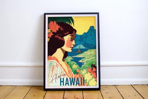 Aloha Hawaii Retro Vintage Travel Poster Island Woman Tropical Art