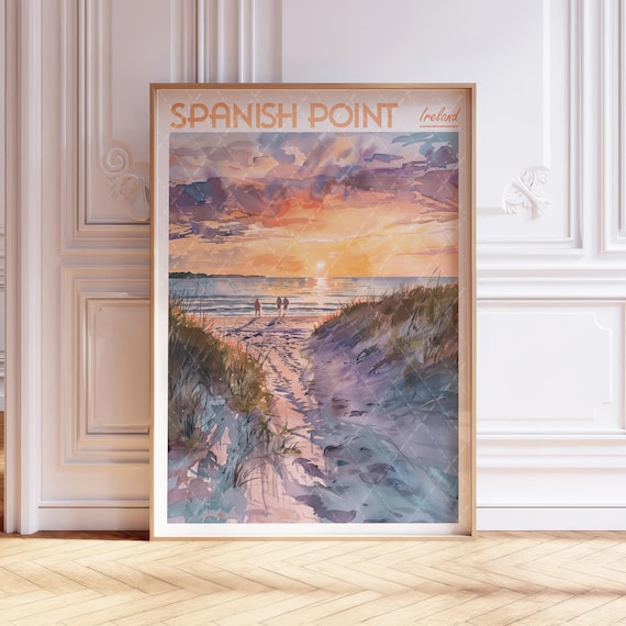 Vintage Spanish Point Ireland Sunset Beach Watercolor Travel Poster