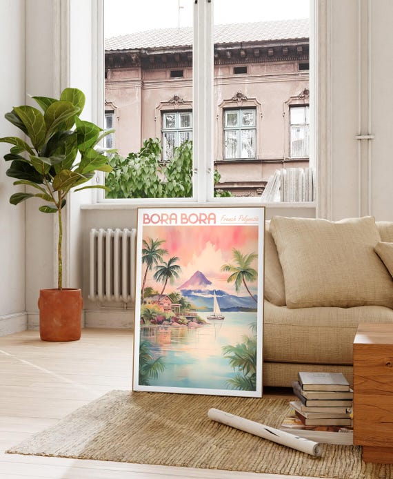 Bora Island Watercolor Poster French Polynesia Wall Art Beach Tropical Coastal Print Pastel Colors Travel