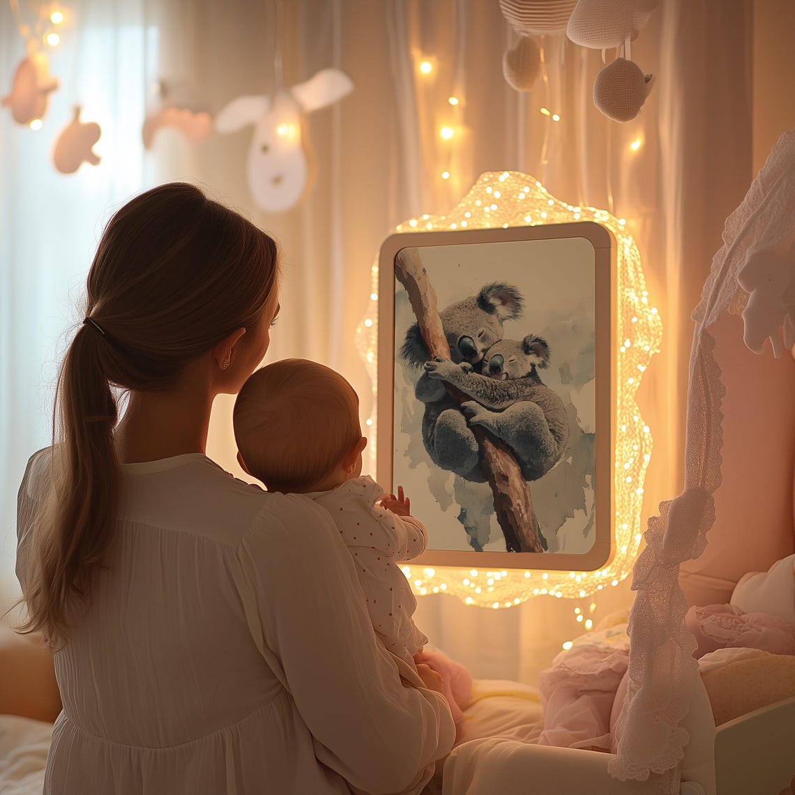 Mother And Baby Koala Hugging On Branch Watercolor Nursery Wall Art - Image 2
