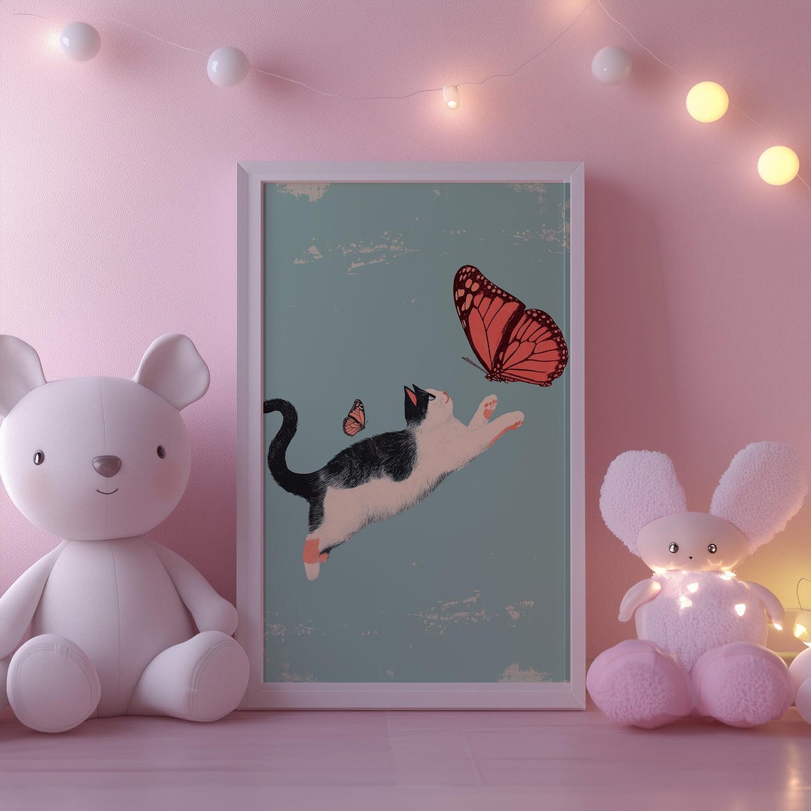 Playful Cat Leaping For A Monarch Butterfly Teal Nursery Wall Art - Image 3