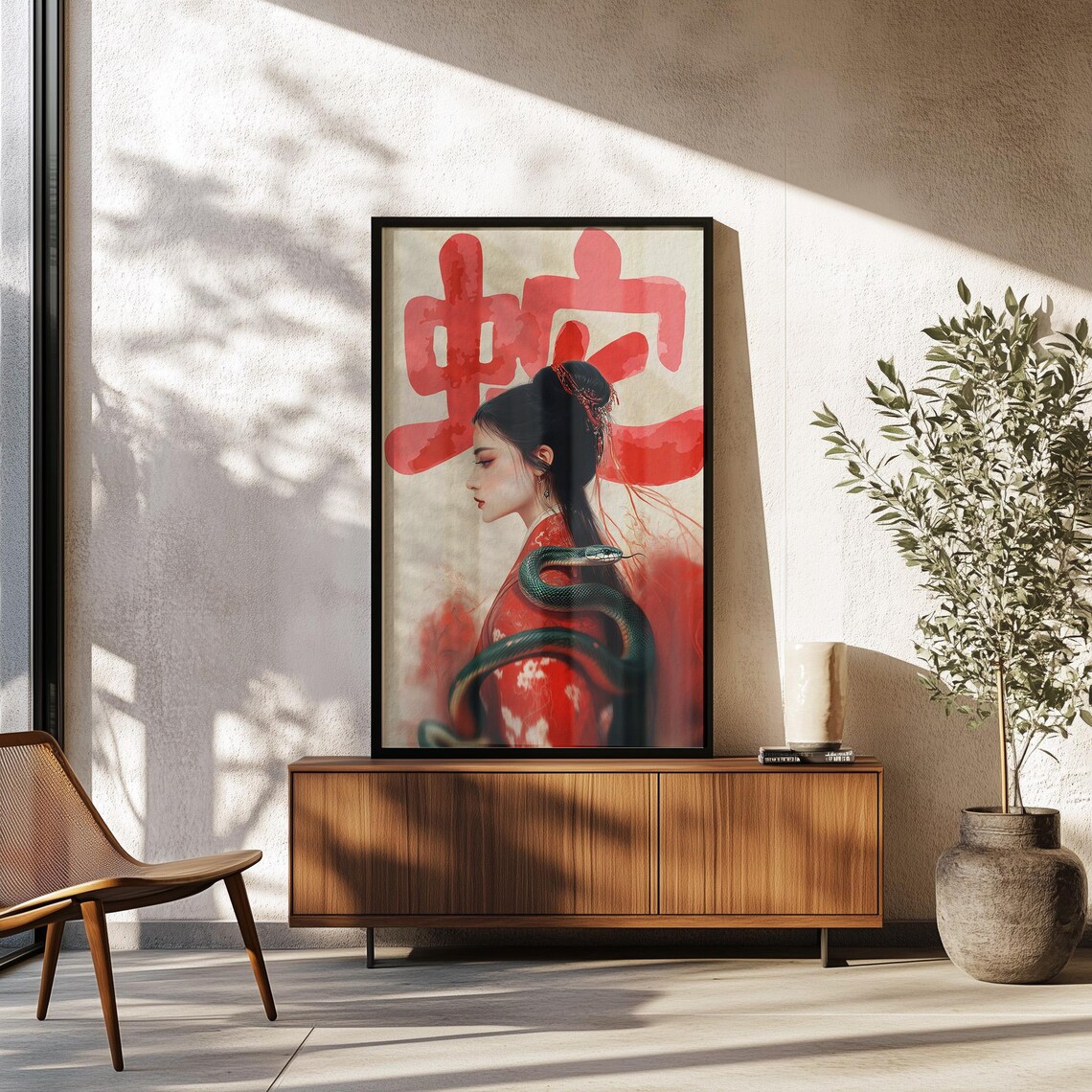 Year Of The Snake Woman In Red Robe With Green Snake Art Print - Image 2
