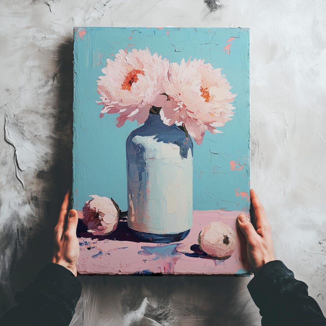 Pink Peonies In White Vase Turquoise Impasto Floral Painting Print