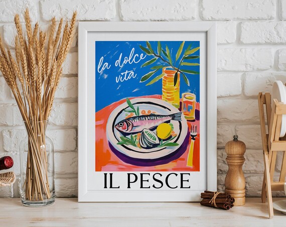 Modern Fish Wall Art Dolce Vita Italian Sea Food Poster Kitchen And Restaurant Decor Eclectic Lover Print