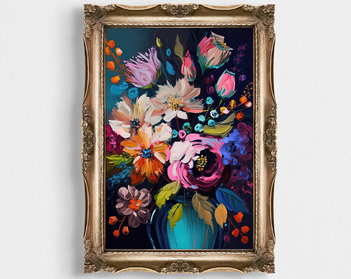 Dark Moody Floral Bouquet Oil Painting Jewel Tone Art Poster