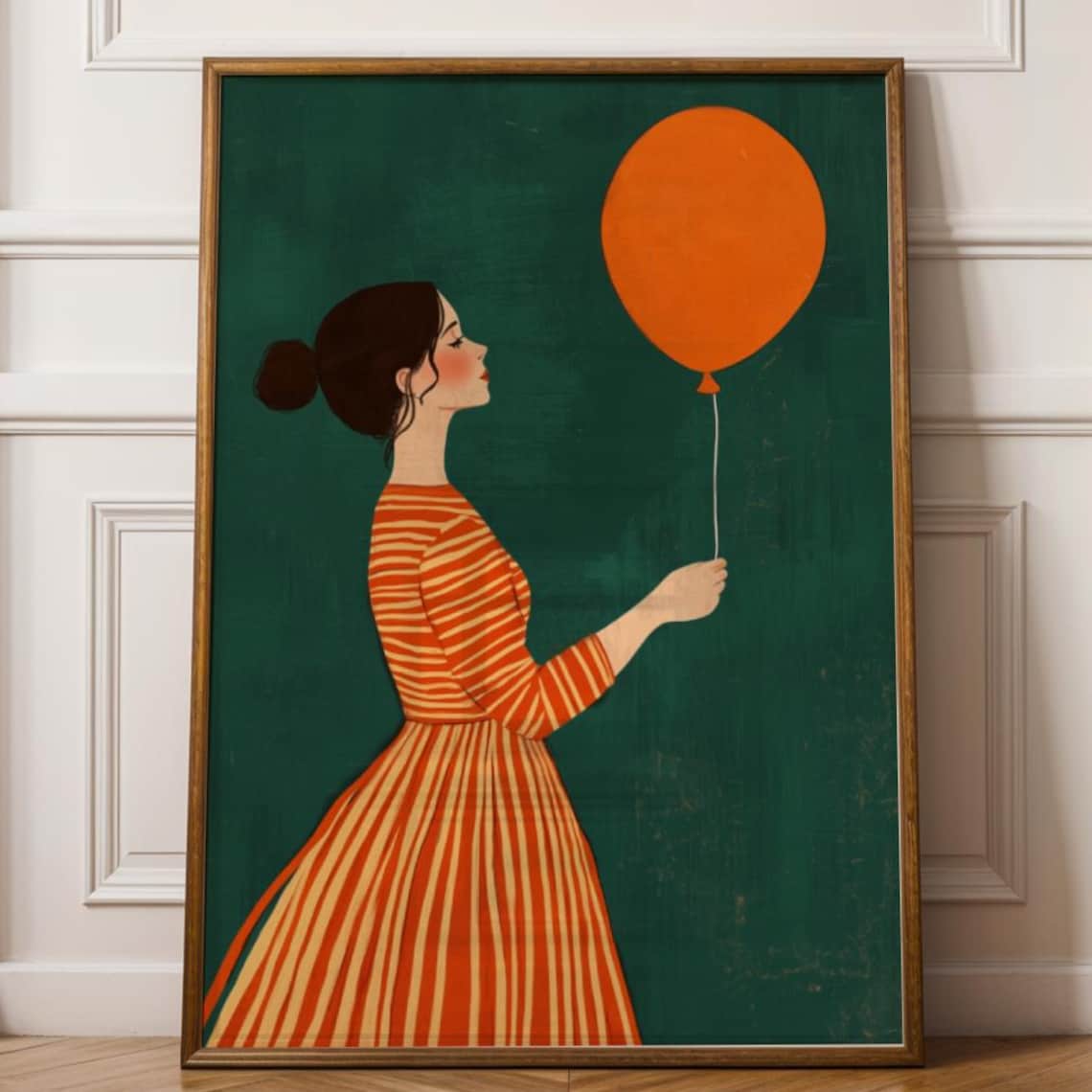 Woman Holding Orange Balloon Emerald Green Fashion Art Print