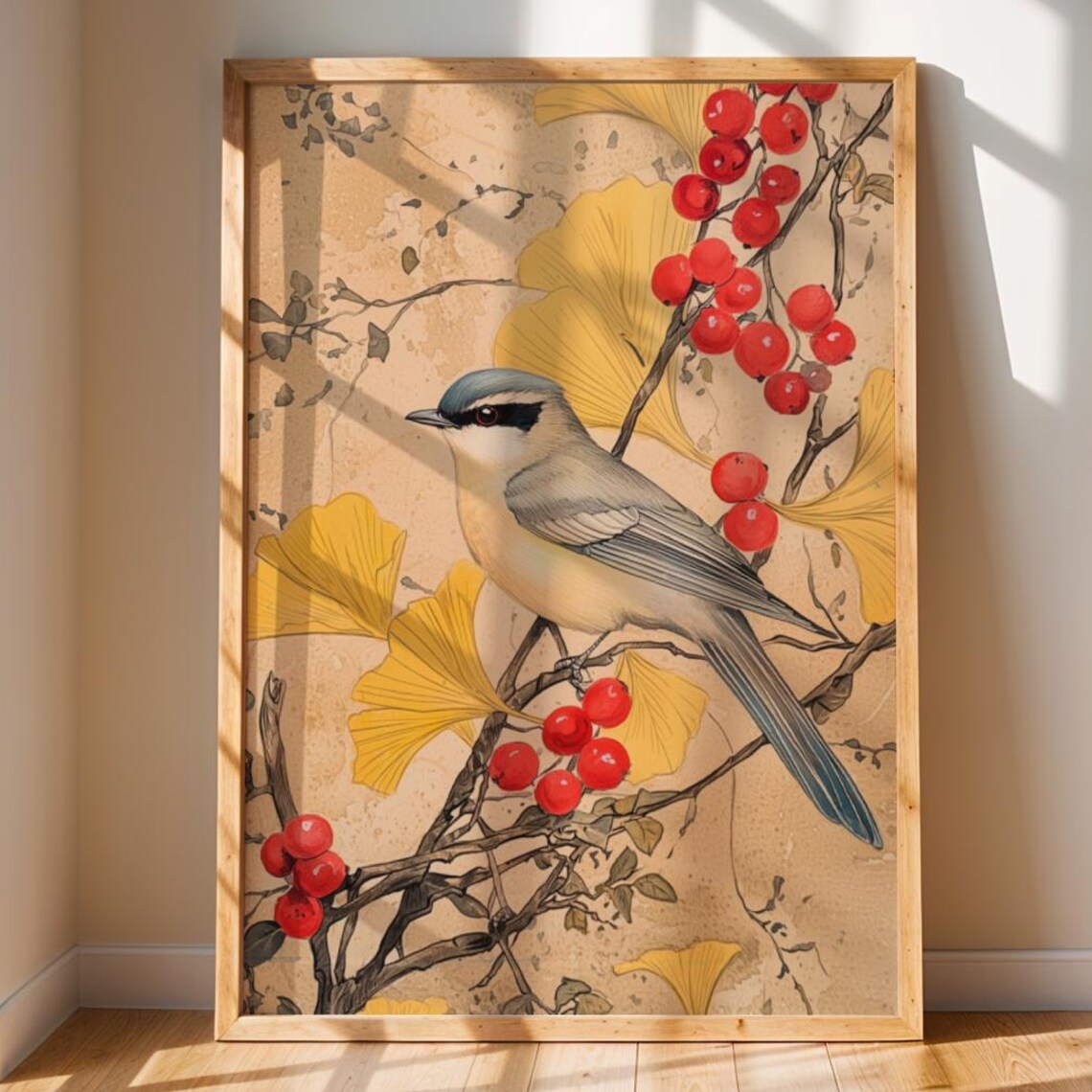 Songbird among Ginkgo Leaves and Red Berries Vintage Art Print