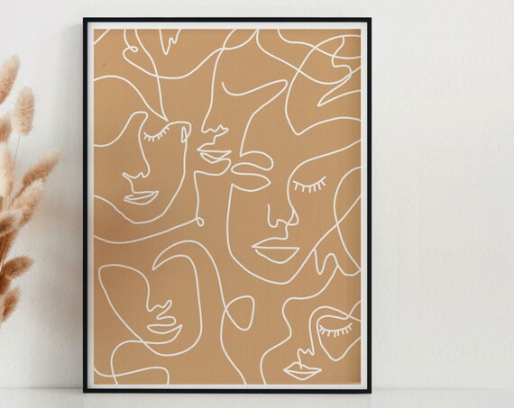 Minimalist One Line Faces Boho Abstract Neutral Decor Poster