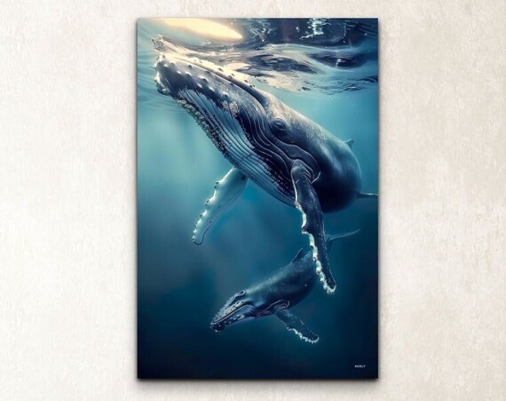 Humpback Whale And Her Calf Wall Art Print Ocean Decor Portrait Wrapped Ready To Hang Saltwater Art Whales Swimming