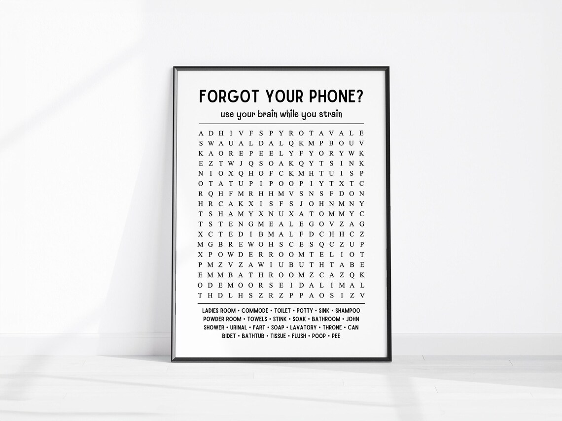 Forgot Your Phone Bathroom Word Search Funny Guest Sign Poster