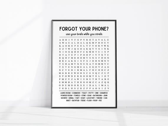 Bathroom Word Search Wall Art Forgot Your Phone Decor Funny Sign Game Print Guest