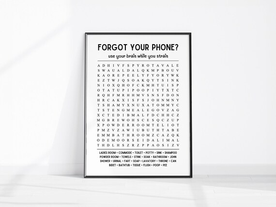 Forgot Your Phone Bathroom Word Search Funny Guest Sign Poster