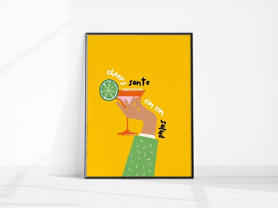 Cheers Sante Cin Cin Salud Cocktail Yellow Funky Bar Art Poster
