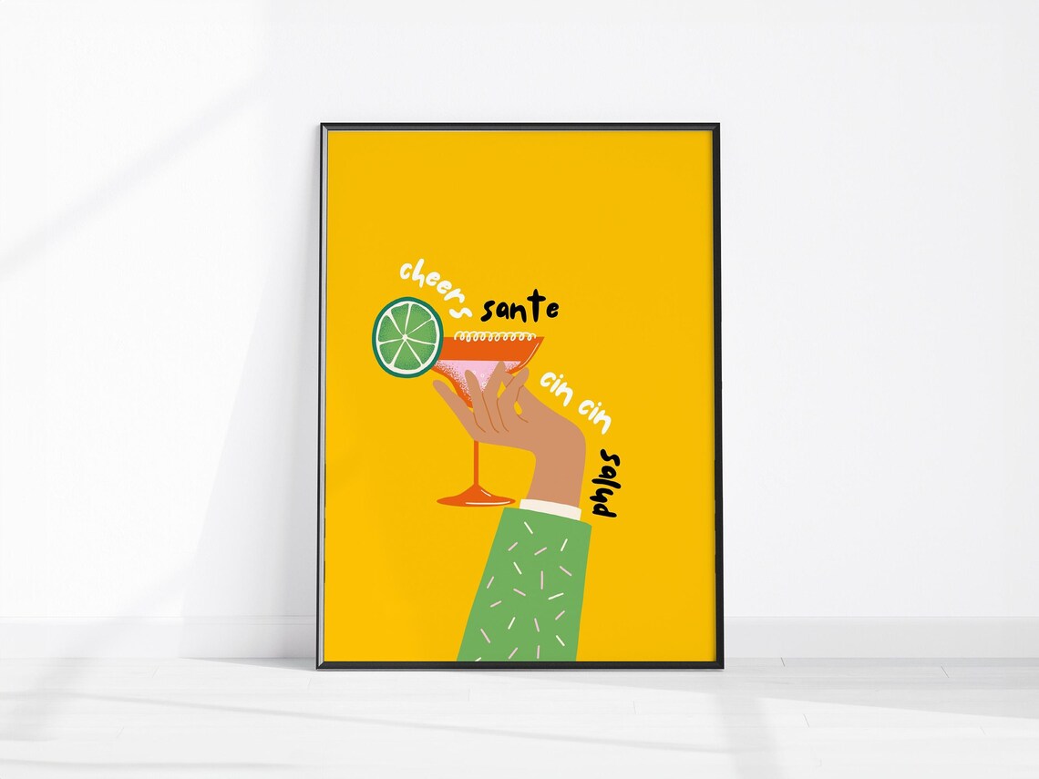 Cheers Sante Cin Cin Salud Cocktail Yellow Funky Bar Art Poster