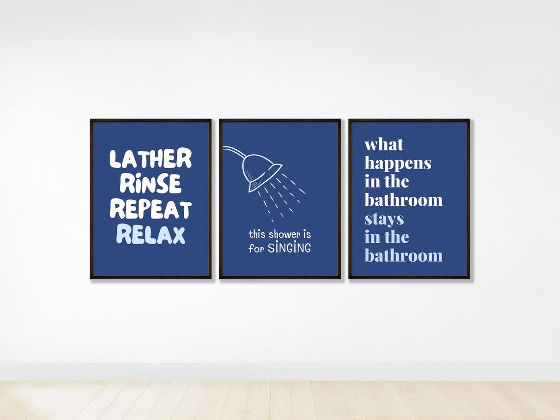 Funny Bathroom Quote Set Of 3 Navy Blue Minimalist Framed Poster