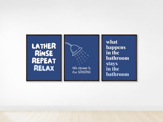 Funny Bathroom Quote Set Of 3 Navy Blue Minimalist Framed Poster
