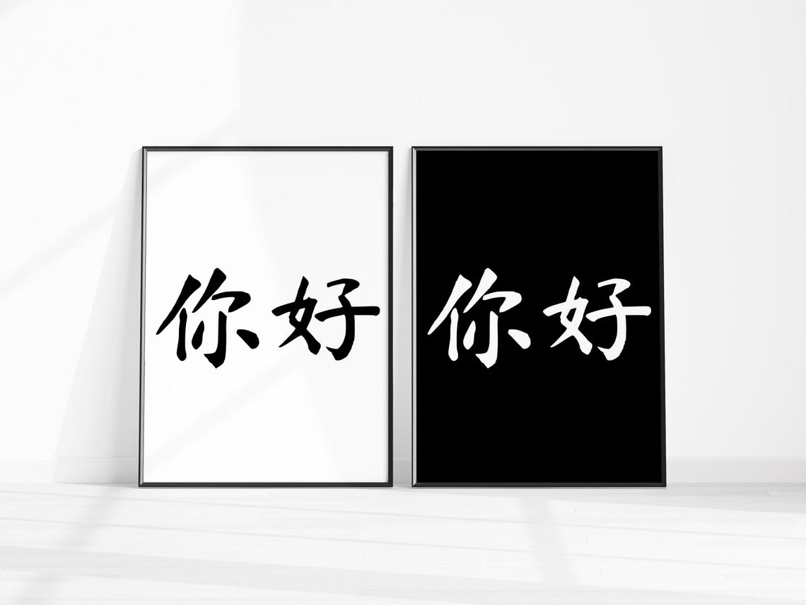 Ni Hao Hello Chinese Characters Set of 2 Black White Wall Art