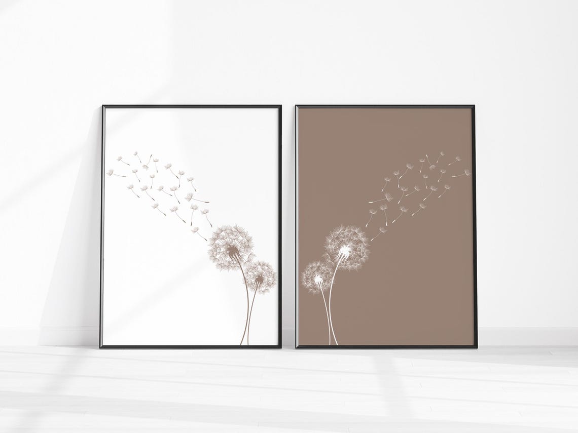 Dandelion Wishes Brown White Set Of Two Minimalist Wall Poster