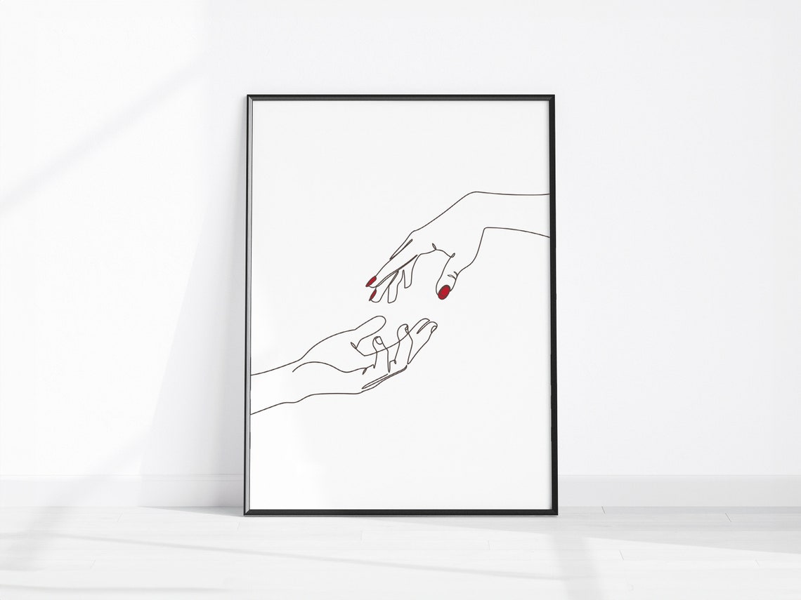 Hands Reaching Minimalist Line Art Red Nails Romantic Poster