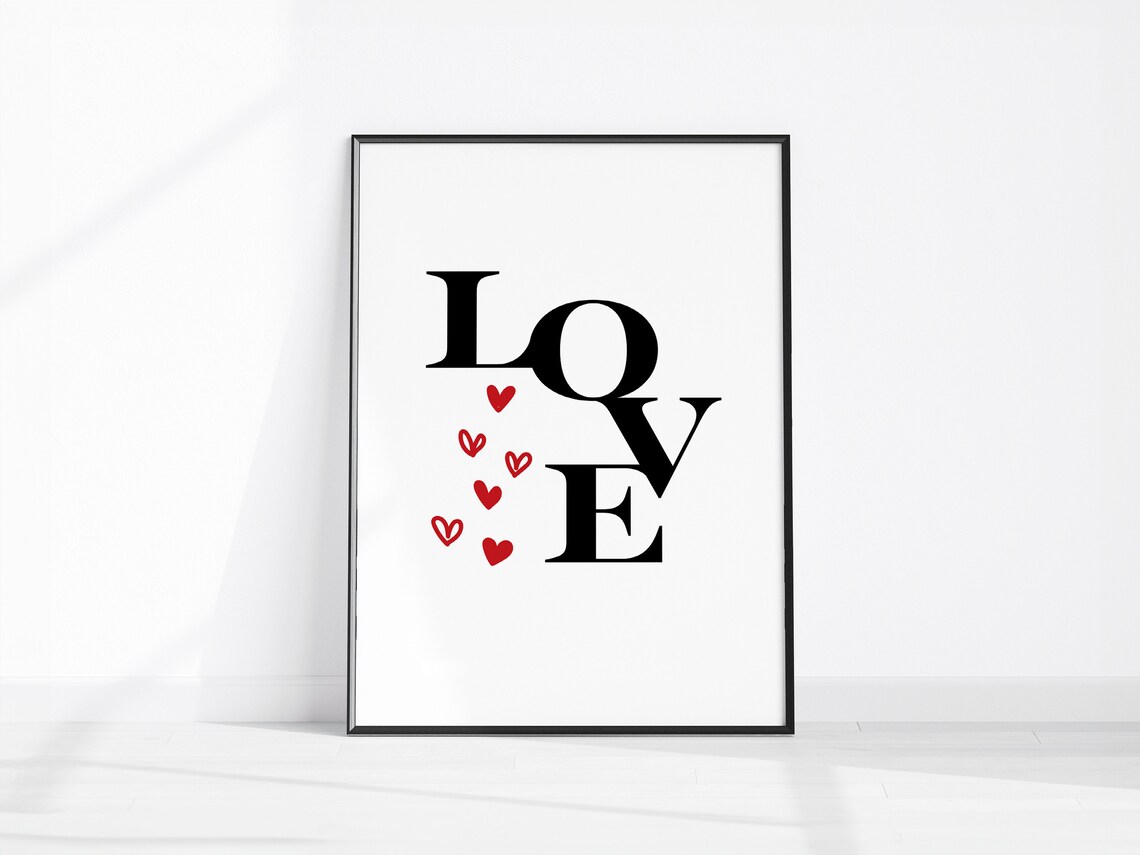 Love Typography Black Serif Letters Red Hearts Romantic Art Poster