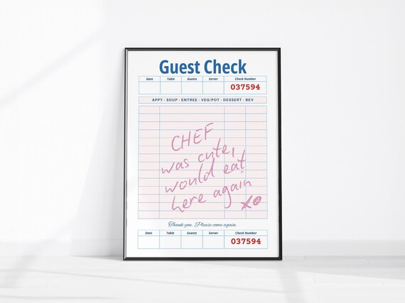 Guest Check Print Chef Was Cute Would Eat Here Again Wall Art Pink Kitchen Dining Room Poster