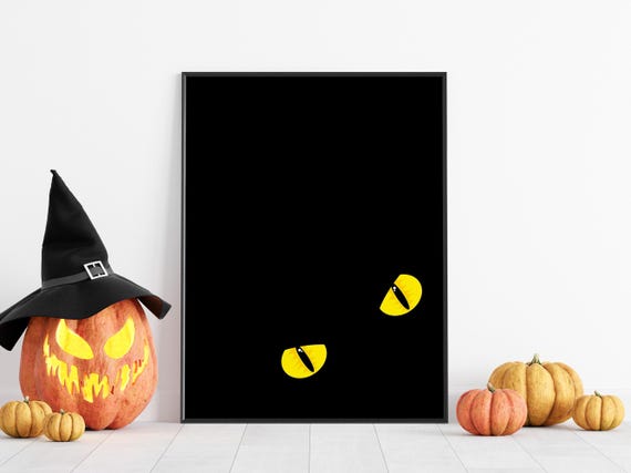 Spooky Cats Eyes Black Cat Halloween Decor Minimalist Yellow Modern Print Lover Wall Art