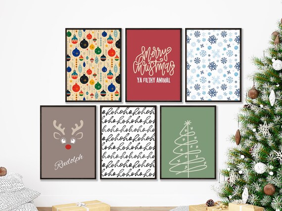 Christmas Gallery Decor Set Of Six Rudolph Tree Snowflake Art Poster