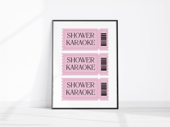 Shower Karaoke Ticket Print Retro Bathroom Pink Poster Singing Funny Wall Art Vintage Trendy Home Decor