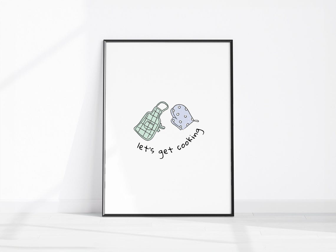 Lets Get Cooking Kitchen Poster with Apron and Oven Mitt Doodle