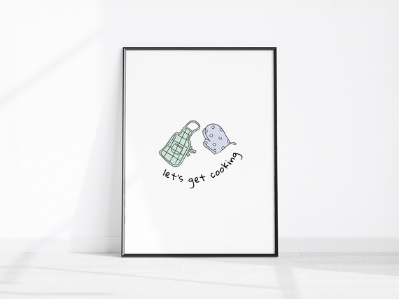Lets Get Cooking Kitchen Wall Art Print Cute Apron And Oven Gloves Minimalist Retro Home Decor Prints