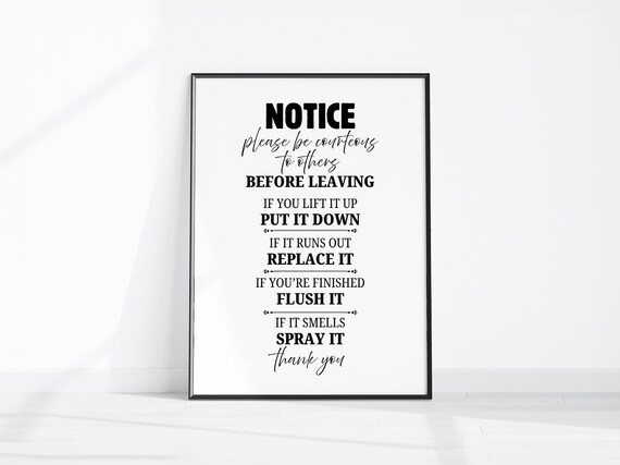Funny Bathroom Rules Notice Sign Please Be Courteous Wall Art