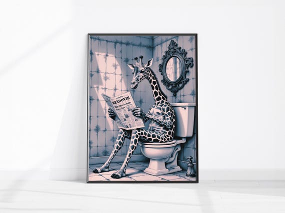 Giraffe Print Funny Bathroom Decor Pink On Toilet Animal In With Newspaper Vintage Wall Art