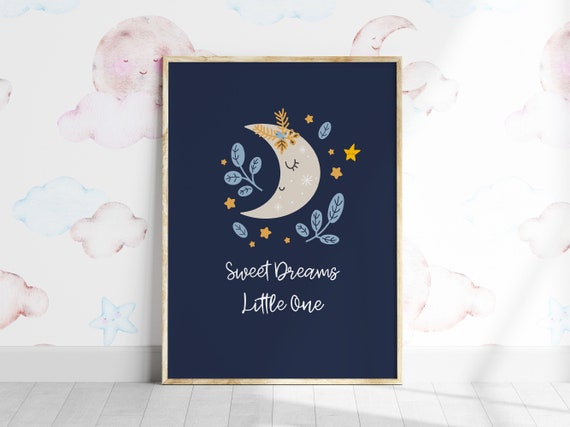 Boys Nursery Decor Sweet Dreams Little One Print Art Moon And Stars Wall Room Baby Boy Gift
