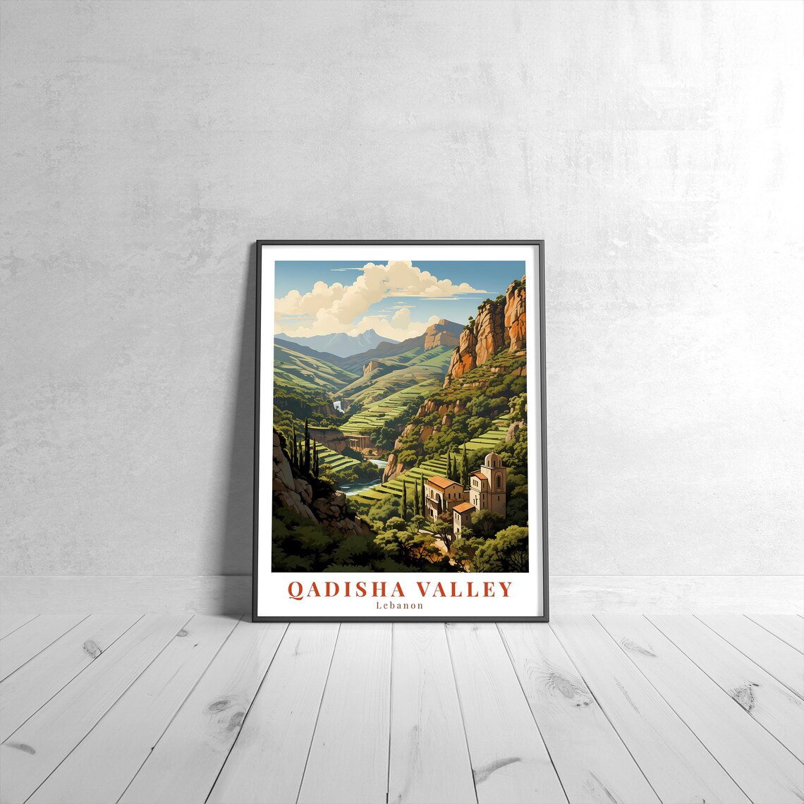 Qadisha Valley Lebanon Terraced Cliffs Monastery Vintage Travel Poster