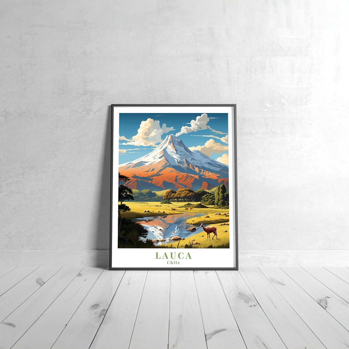 Lauca Chile Vintage Travel Poster Snowy Volcano Deer River Valley Scene