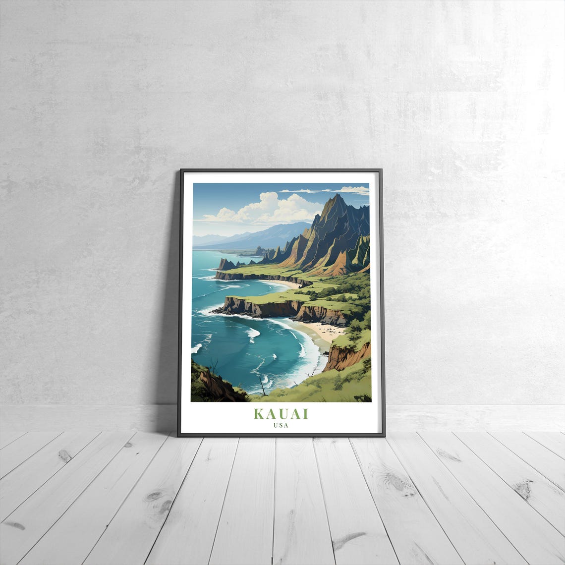 Kauai Hawaii USA Vintage Travel Poster Dramatic Coastline Cliffs Beach