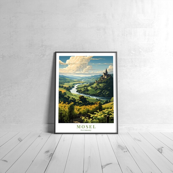 Mosel Germany Travel Poster Vineyard Valley River Castle Wine Country Artwork