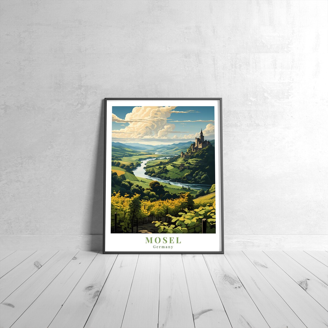 Mosel Germany Travel Poster Vineyard Valley River Castle Wine Country Artwork