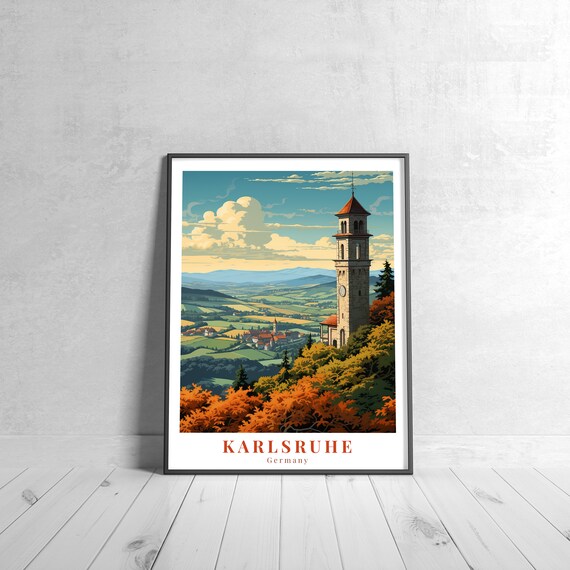 Karlsruhe Germany Hilltop Tower Autumn Hills Vintage Travel Poster