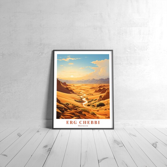 Erg Chebbi Morocco Desert Dunes Sunset Retro Travel Illustrated Poster