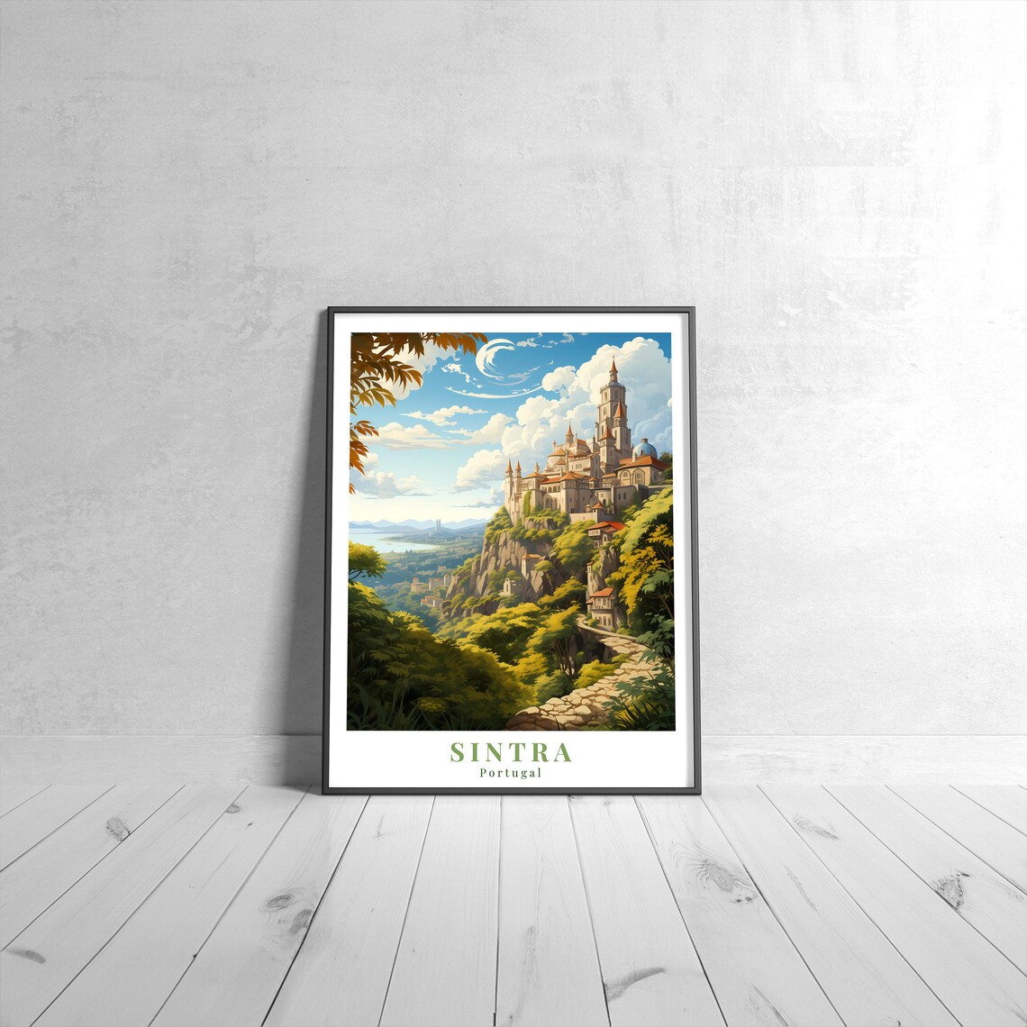 Sintra Portugal Vintage Travel Poster of Pena Palace on the Hill