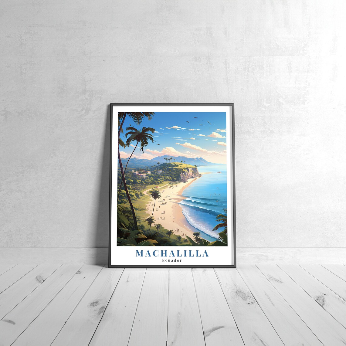 Machalilla Ecuador Tropical Beach Palms Retro Travel Illustrated Poster